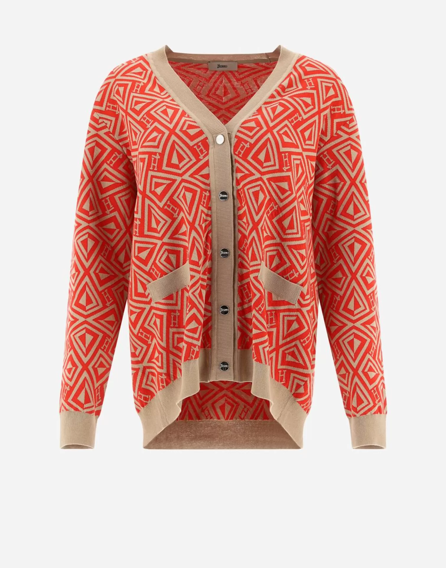 Herno Cardigan In Geometric Monogram Jacquard Rosso/Cammello Clearance